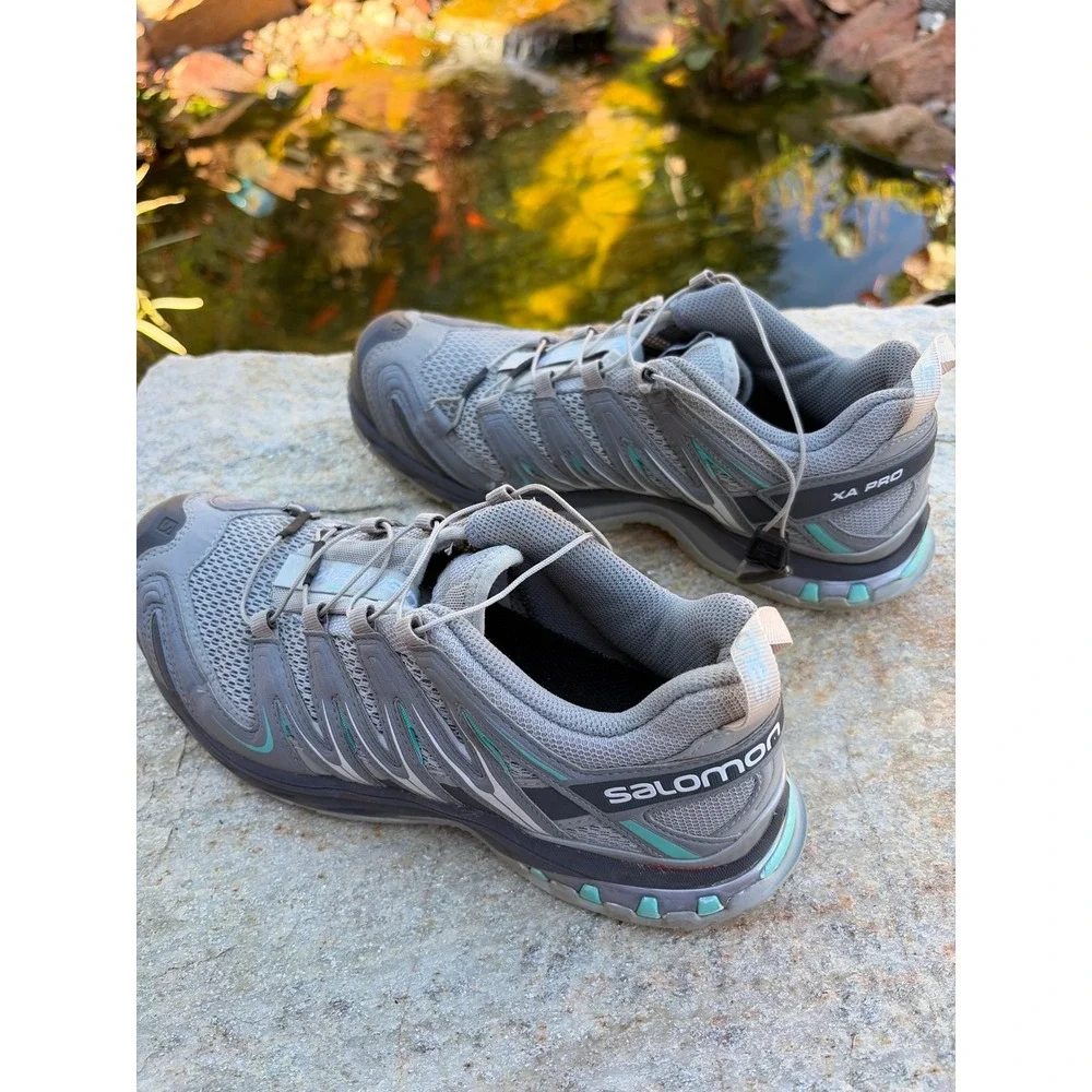 Salomon XA Pro 3D Mens 7.5 Grey Teal Mountain Trail Running Shoes 356811